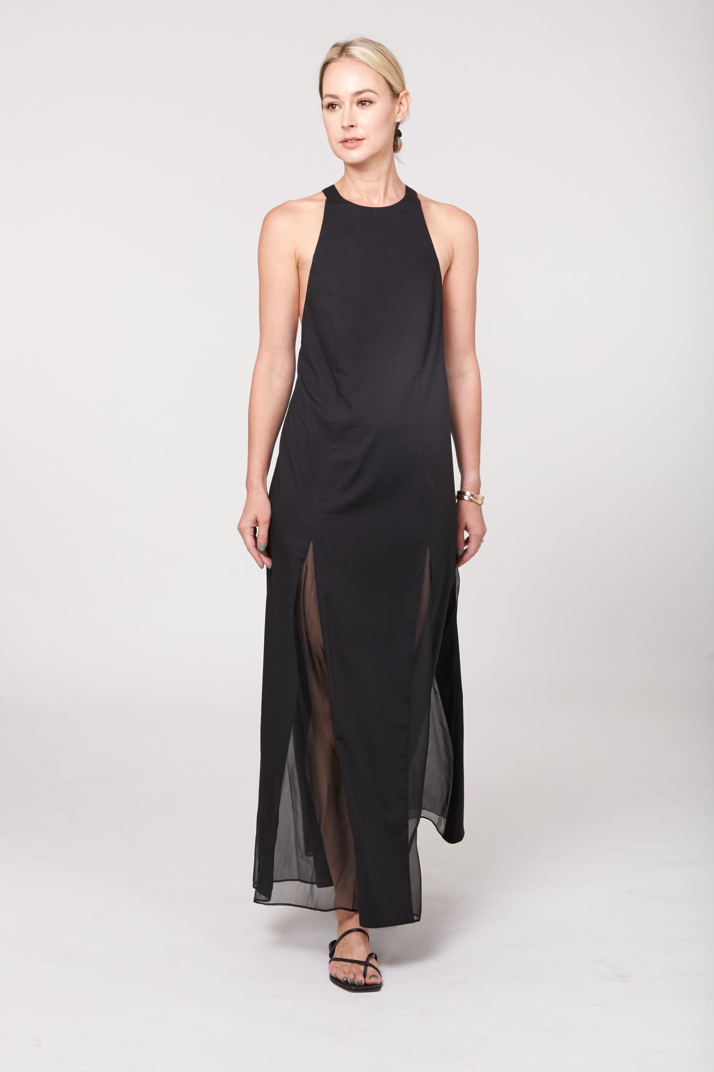 High Neck, Cross Back, Peek-a-boo Legs, Maxi Dress
