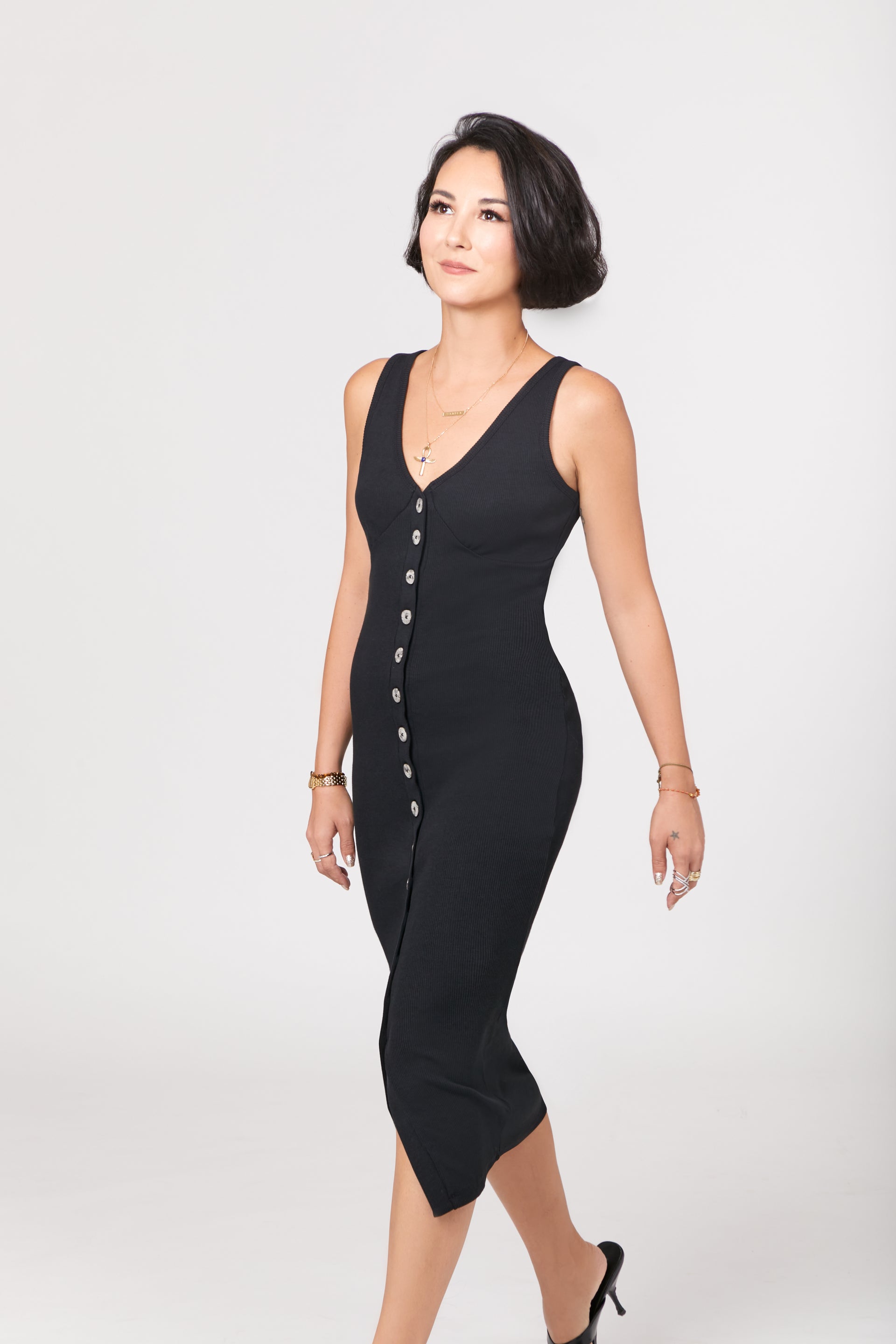 ribbed dress buttons Black Bodycon Midi Dress - Ribbed Dress - Button-Front Dress